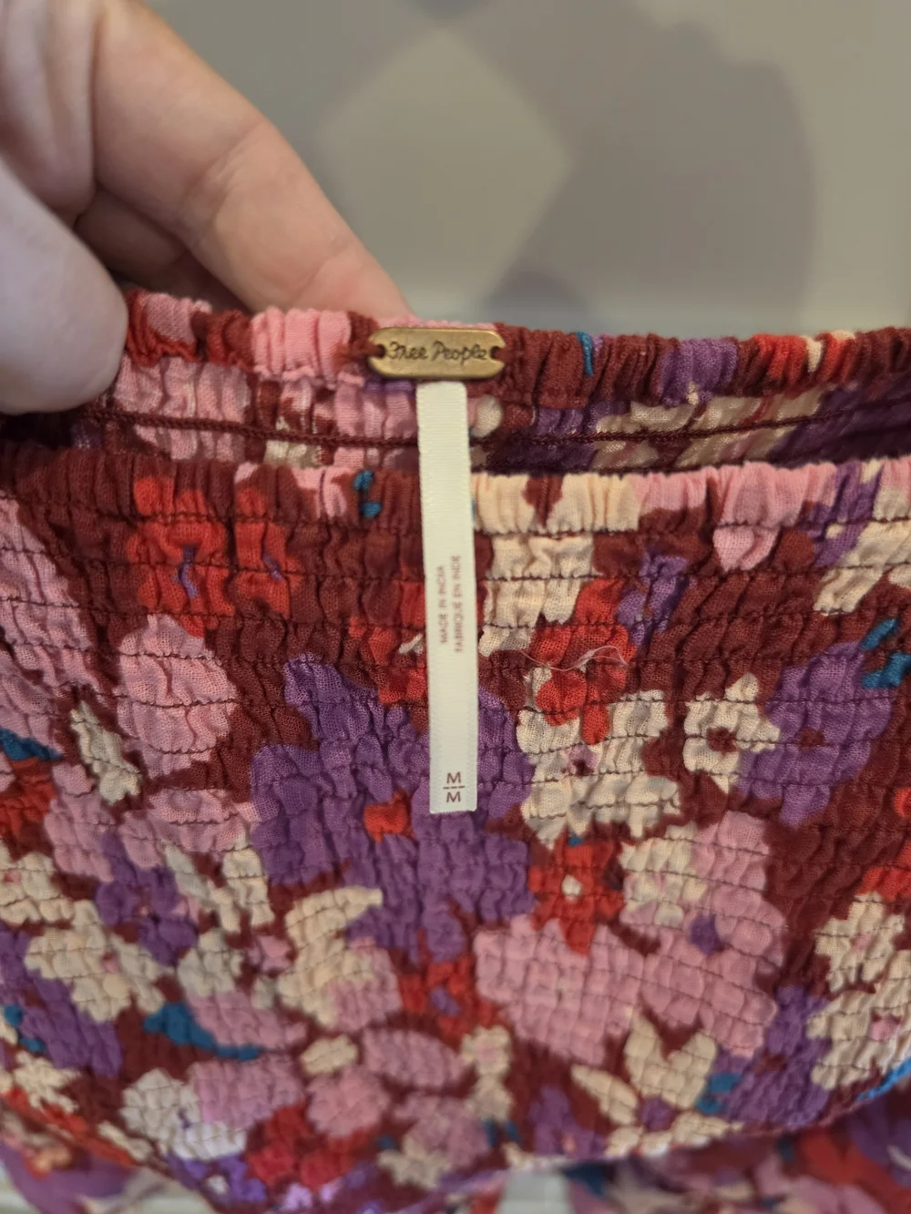 Free People Smocked Floral Square-Neck Top in Pink and Purple